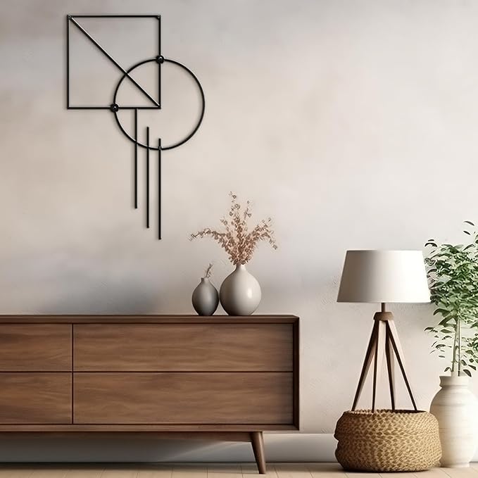 SIGNLEADER Metal Wall Decor Rectangle Circle Linear Minimalist Modern Luxury Wall Sculpture Hangings 3D Statue Home Decoration for Living Room, Bedroom, Bathroom, Kitchen, Fireplace, Office - 18" Black