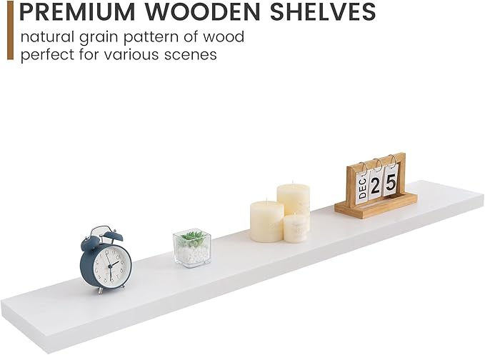 Fun Memories 48 Inch Floating Shelves for Wall, Deep Rustic Solid Pine Wood Shelf - Farmhouse Wall Mounted Display Shelf with Heavy-Duty Metal Bracket, 48" W x 8" D, Set of 1, White