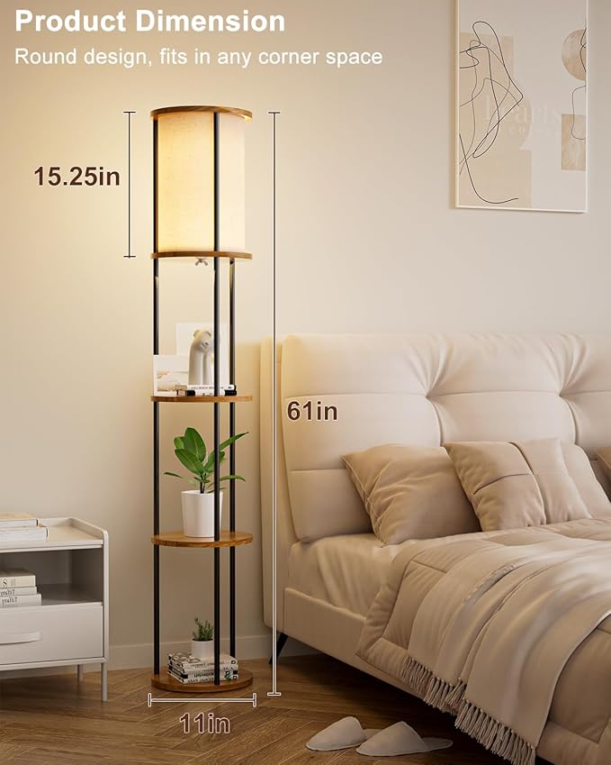 ACOHOOK 61" Floor Lamp with Shelves, Modern Black Floor Lamp with Fabric Lampshade and 3- Tier Storage Table Attached, 35lb Capacity Solid Wood, Corner Bookshelf Lamps for Living Room, Bedroom, Office