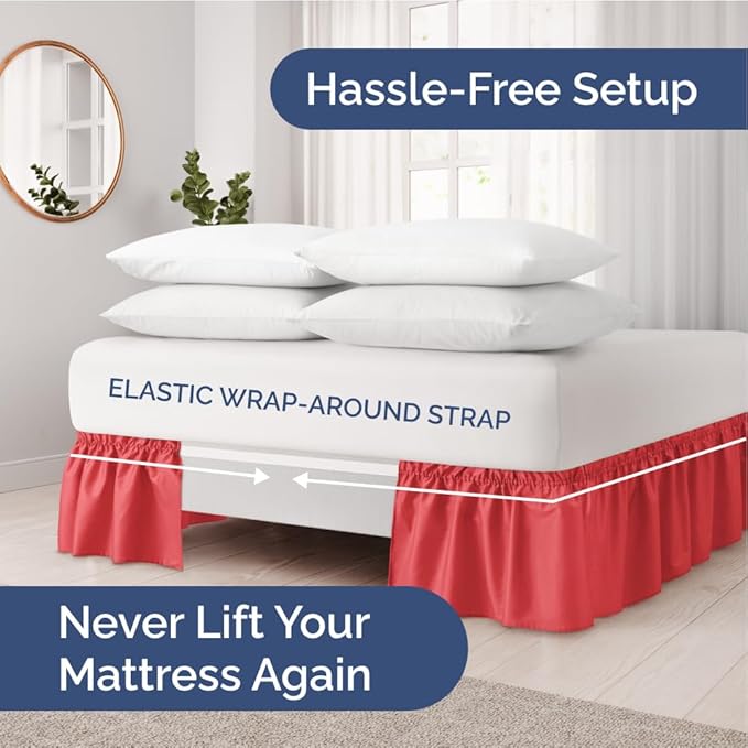 Wrap Around Dust Ruffle Bed Skirt - Red - for Queen Size Beds with 18 Inch Drop - Easy Fit Elastic Strap - Adjustable Pleated Bedskirt w/Brushed Fabric - Wrinkle Free - for Women, Men, Kids & Teens