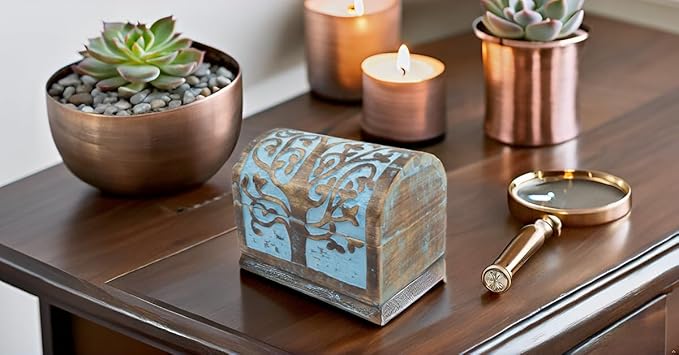 Great Birthday Gift Ideas Handmade Decorative Wooden Jewelry Box With Tree of Life Carvings Jewelry Organizer Keepsake Box Treasure Chest Trinket Holder Watch Box Storage Lock Box (Blue Wash Finish)