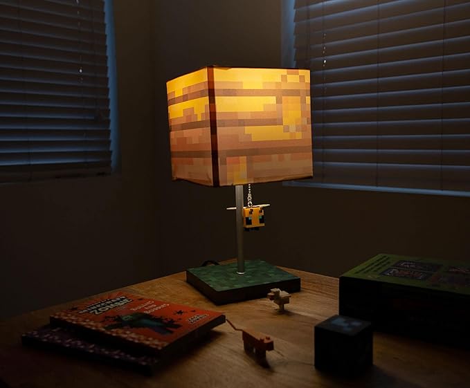 Minecraft Yellow Bee Nest Block Desk Lamp with 3D Bee Puller | Nightstand Table Lamp with LED Mood Light for Bedroom, Desk, Living Room, Playroom | Home Decor Kids Room Essentials | Video Game Gifts