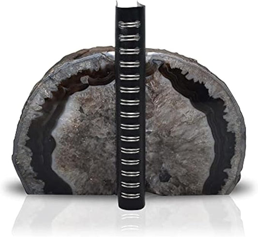 Nature's Decorations A Quality Black Agate Geode Bookends - Heavy Duty with Non-Skid Rubber Bumpers for Shelves, Office, Home Decor - Cool Crystal Stone (1 Pair 3-4 LB)