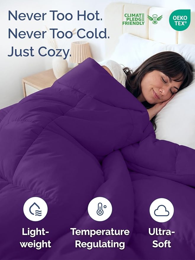 Queen Size, Purple & Lavender Reversible Alternative Down Comforter - Warm, Lightweight Breathable Hotel Quality Bedding Set - All Season Fluffy Oversized Cooling Microfiber Duvet Insert Comforter