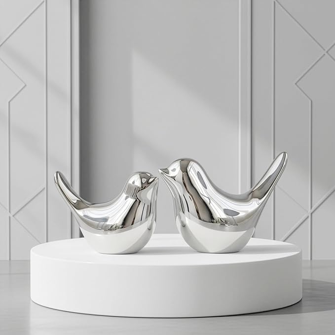 Silver Bird Statue Set – Small and Large, Modern Tabletop Sculptures for Living Room, Mantel, Shelf, Console Table, Entryway, Fireplace, Bedroom, Contemporary Silver Home Decorations