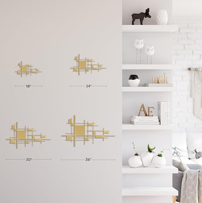SIGNLEADER Metal Wall Decor Mondrian Geometric Minimalist Modern Luxury Wall Sculpture Hangings 3D Statue Home Decoration for Living Room, Bedroom, Bathroom, Kitchen, Fireplace, Office - 24" Gold