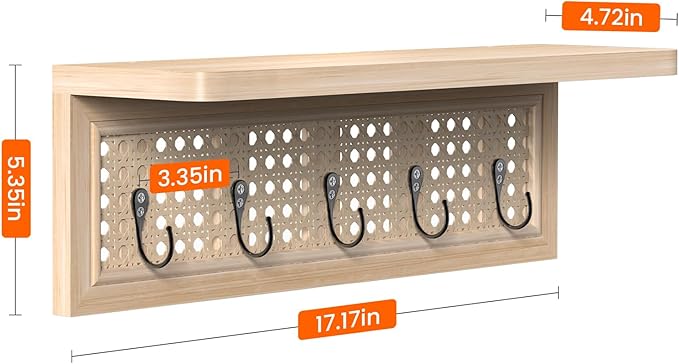 Homode Coat Rack Wall Mount with Shelf, Boho Rattan Entryway Wall Shelf with Hooks, Natural Wood Floating Shelves with 5 Pegs, Hanging Coat Hooks Hat Hanger for Nursery Bedroom Living Room Kitchen