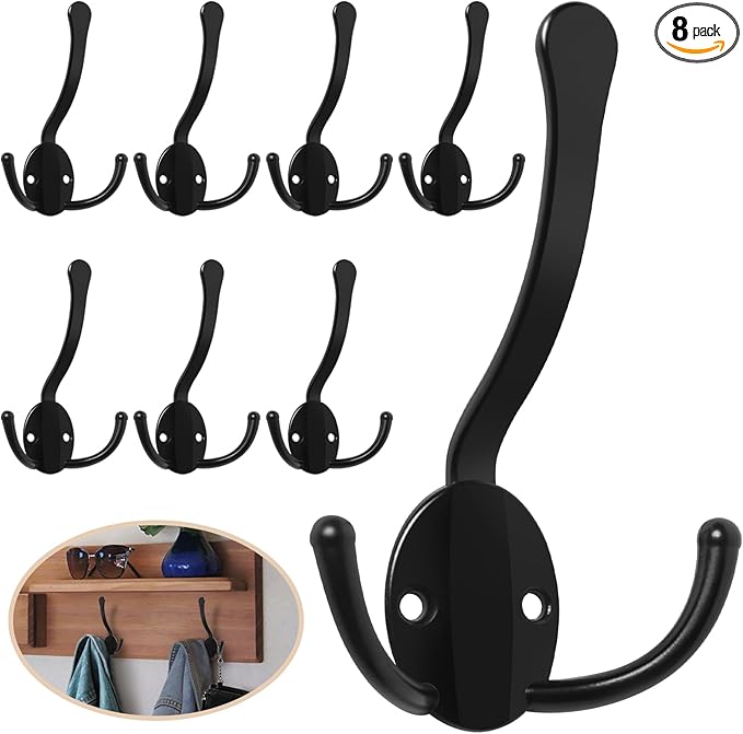 8 Pack Coat Hooks Heavy Duty, Metal Three Prongs Large Coat Hooks Wall Mounted with 16 Screws, No Rust Black Rustic Wall Hooks for Hanging Towel, Coat, Scarf, Bag, Hat, Cup, Key
