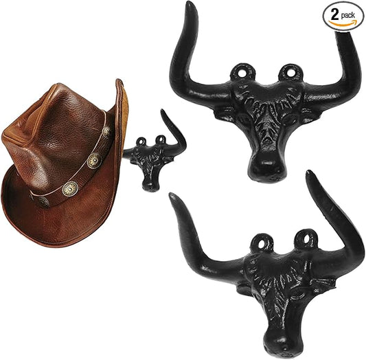 Cast Iron Wall Mount Hooks – Black Bull Design, 2 Pack – Vintage Rustic Coat Hooks for Entryway, Bathroom, Kitchen, or Bedroom
