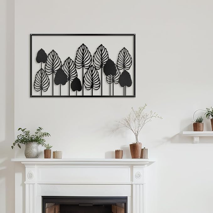 SIGNLEADER Metal Wall Decor Palm Tree Leaves Minimalist Modern Abstract Wall Sculpture Hangings Home Decoration for Living Room, Bedroom, Bathroom, Kitchen, Outdoor - 24" Black