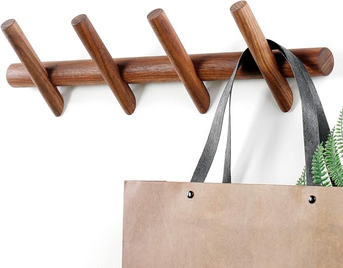 Wood Coat Hooks Wall Mounted Hat Rack Tower Hanger Wall Hooks Decorative Hanger with Pegs Entryway Bedroom Bathroom（Black Walnut,4 Hooks）