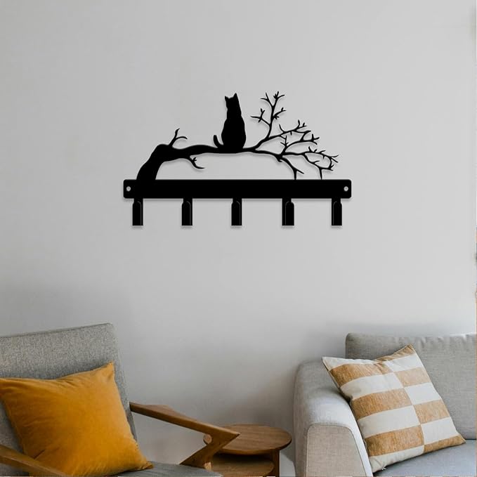 magilab Cat-Themed 10-Inch Iron Key Hooks with 5 Hooks, Black Wall Organizer - Cute Cat Design for Home Decor, No Drill & Screw-in Options (Style J)