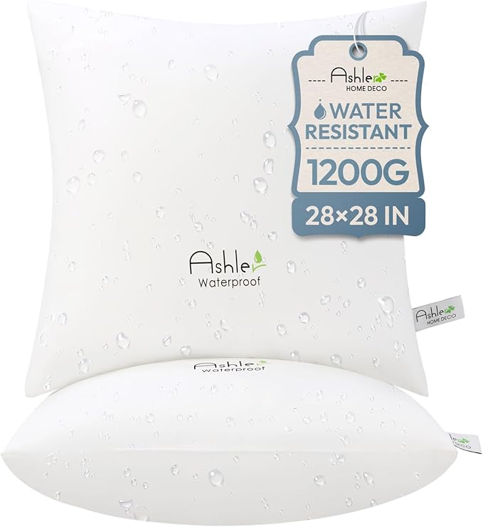 Ashler Outdoor Throw Pillow Inserts - 28 x 28 Pillow Inserts Set of 2, Water Resistant Hypoallergenic Pillows Decorative for Garden, Waterproof Pillow for Sofa Couch, White