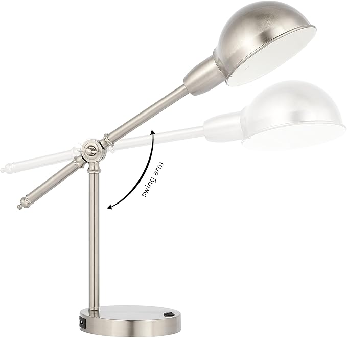 JONATHAN Y JYL7123B Curtis 20.25" Iron Adjustable Dome Shade LED Task Lamp, USB Charging Port, Classic, Coastal, Industrial, Vintage, Farmhouse, Traditional for Bedroom, Living Room, Office, Nickel