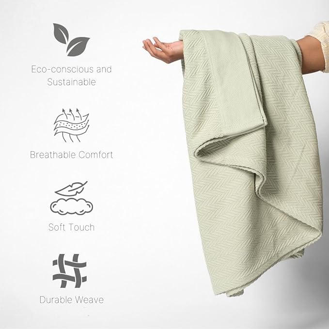 9Threads 100% Cotton Herringbone Weave Blankets, 66" X 90" Twin, Throw Blanket for Bed, All Season Cotton Blanket, Cozy Blanket,Throws & Bed Blanket, Throw Blanket for Couch, Modern Home Decor -Sage