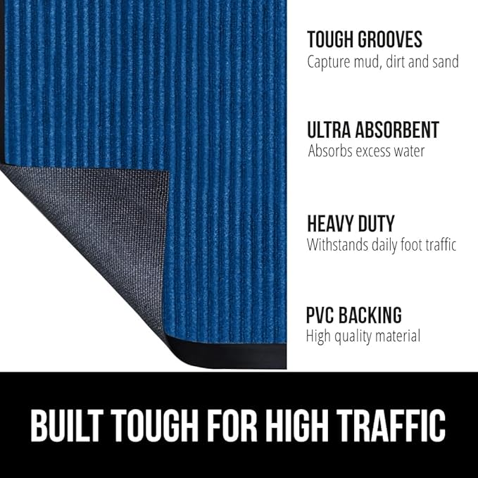 GORILLA GRIP Waterproof Traffic Guard Door Mat, 47x35, Heavy Duty Entryway Mats, Strong Backing Commercial Utility Rugs for Office Hallway, Garage Floor and Home, Low Profile Carpet Runner, Blue