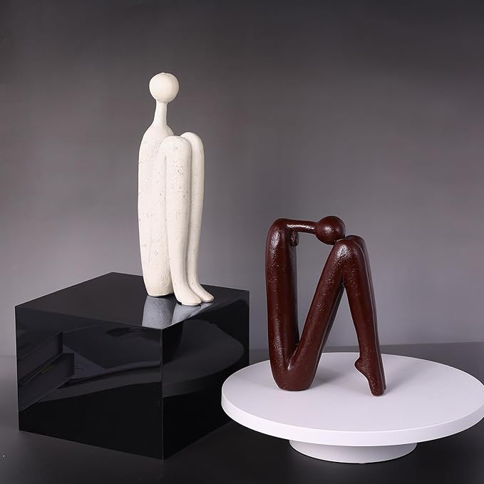 Thinker Statue Decorative Bookends,1 Pair/2 PCS Book Ends for Shelves Unique Modern Book Stopper for Heavy Books, Abstract Aesthetic Decor, Modern Home Bookshelf Decoration (White and Red Brown)
