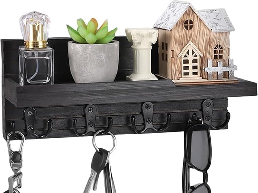 Decorative Key Hanging Rack with 4 Double Hooks – Easy Install Natural Wooden Key and Mail Holder for Wall Mount – Entryway Decor Rack with Shelf (Carbon Black)