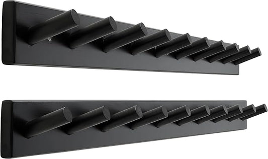 SKOLOO Wood Coat Rack Wall Mounted,10 Peg Long Bamboo Hook for Hanging Backpack Coat Towel Hat,16'' Hole to Hole,Pack of 2,Black