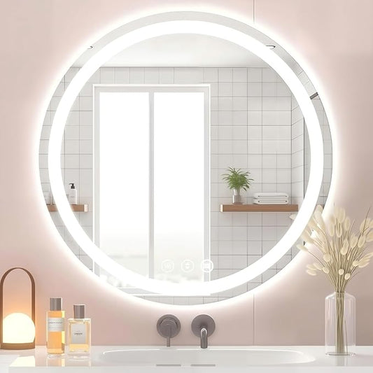 Led Bathroom Mirror with Lights, Anti-Fog & Tri-Color Lighting - Wall Mounted Shaving Mirror with Touch Sensor, Waterproof Smart LED Vanity Mirror Tempered Glass Dimmable (24" L x 24" W)