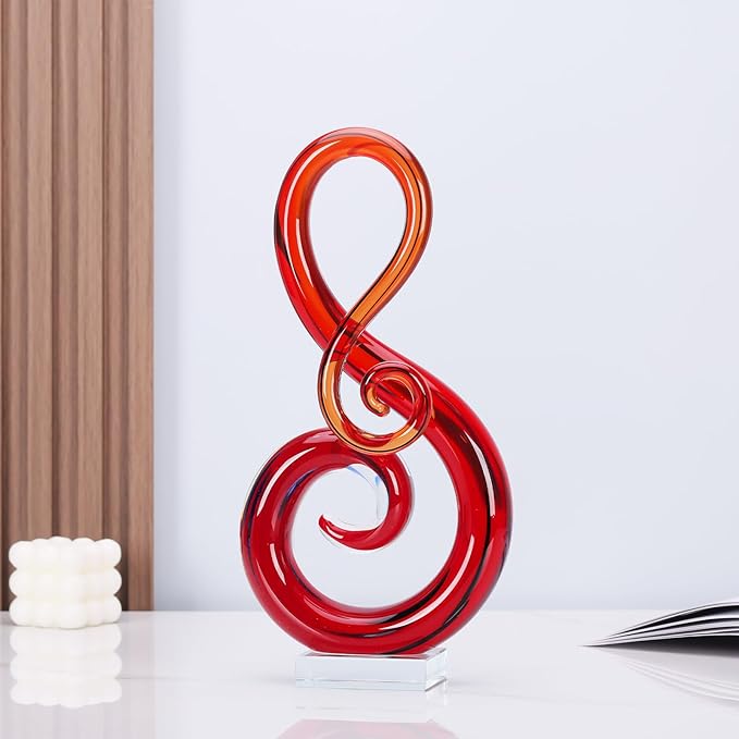 LCCCK 13" H Large Glass Sculpture Red Hand Blown Glass Figurines Art Music Decor, Modern Red Glasses Decor Crystals Statue Knick Knacks- for Luxury Home Living Room Office Console Table Decoration