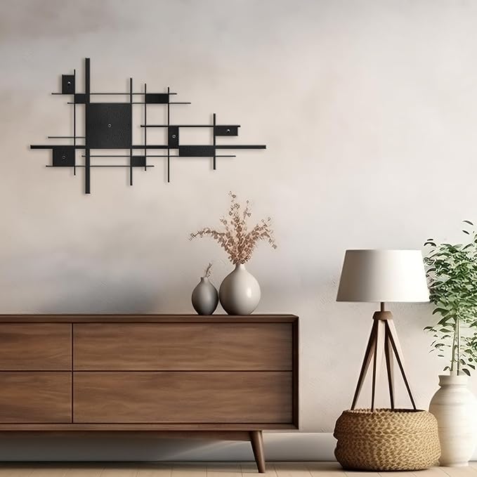 SIGNLEADER Metal Wall Decor Mondrian Geometric Minimalist Modern Luxury Wall Sculpture Hangings 3D Statue Home Decoration for Living Room, Bedroom, Bathroom, Kitchen, Fireplace, Office - 24" Black