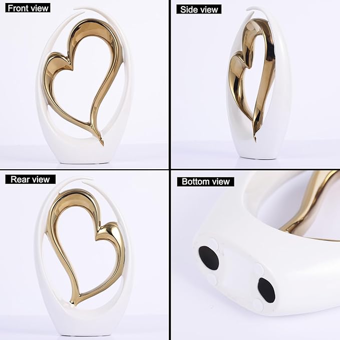 White and Gold Ceramic Statues, Abstract Heart Sculptures for Bedroom Decor, Wedding Decor, Decoraciones para Salas De Casa, for Her (D-White Gold)