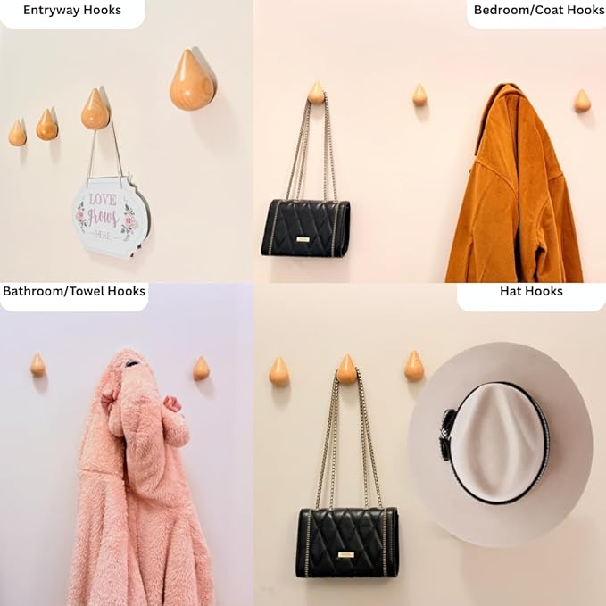 Magnifico Droplet Hook Coat Rack Wall Mount - Boho Coat Hooks, Hat Rack for Wall, Towel Hooks, Accordion Hanger, Purse Storage, Modern Home Decor, Decorative Hooks (Beech Wood, 4 Pack)