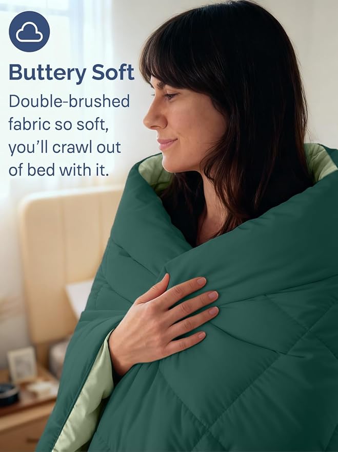 Cal King Size, Green Reversible Alternative Down Comforter - Warm Lightweight - Luxury Breathable Hotel Quality Bedding Set - All Season Fluffy Cozy Oversized Cooling Microfiber Duvet Insert Comforter