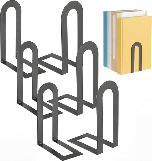 Chunful 6 Pcs Modern Metal Book Ends for Shelves Decorative Small Bookends Book Shelf Organizer Minimalist Design Stopper to Hold Books for Home Office (5.5 * 3.75 * 2.25inch,Black)