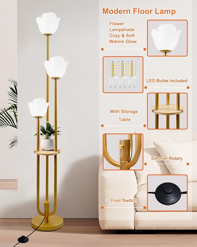ACOHOOK 63IN Floral Floor Lamp with Table, 3-Lights Dimmable Flower Floor Lamps for Wedding Party, 3000K Warm White Modern Tall Standing Lamp for Living Room/Bedroom