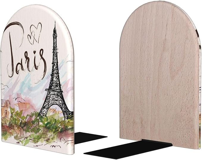 Paris Eiffel Tower Wood Bookends Stands Decorative Non-Slip Book Organizers for Home Office Desk Library School Study 1 Pair