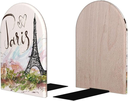 Paris Eiffel Tower Wood Bookends Stands Decorative Non-Slip Book Organizers for Home Office Desk Library School Study 1 Pair