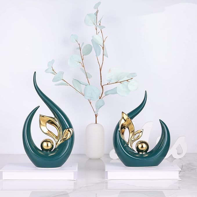 DOVDOV Green Office Decorative Ceramic Statue Set of 2, Dining Room Table Decorations, Green Modern Home Decor for Living Room, Console, Desk Center, Entrance Table Decorations