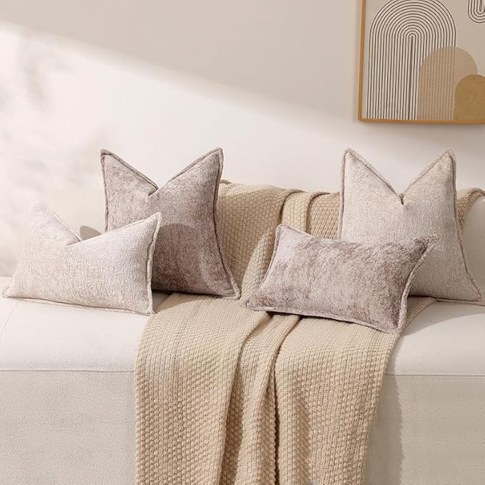 DEZENE Pack of 2 Tan Decorative Throw Pillow Covers 20x20 Cozy Soft Chenille Accent Vintage Square Couch Pillow Covers for Home Decor Bed Sofa Living Room