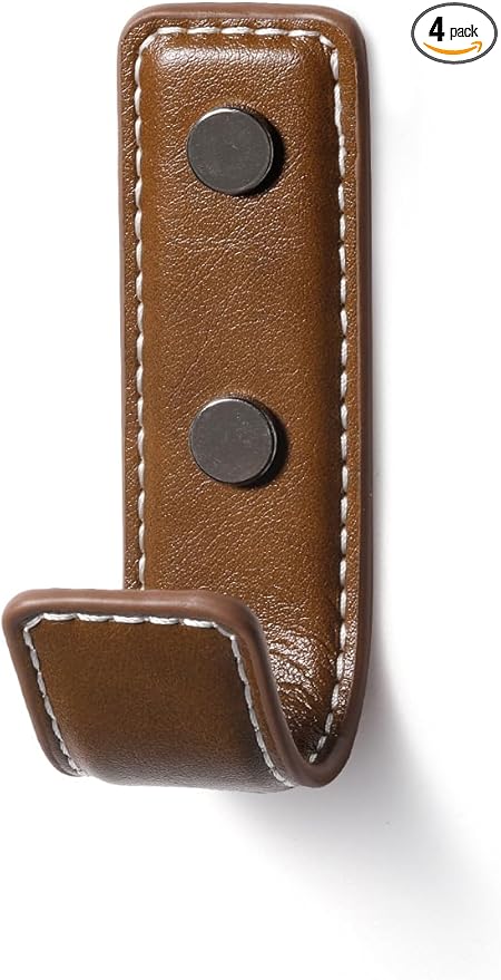 4 Pack Brown Leather Coat Hooks Wall for Hanging Rectangle Coat Hooks for Hanging Robe Towels Bags Hats Scarf Keys Clothes Suitable for Bedroom, Entryway and Closet