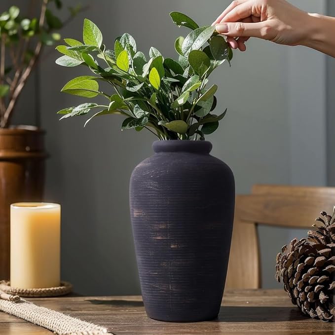Large Black Vase - 11" Tall Rustic Farmhouse Vase, Black Ceramic Vintage Decorative Vase for Dining Table, Shelf, Bedroom, Living Room, Kitchen, Office, Bathroom, Mantle, Centerpiece Décor