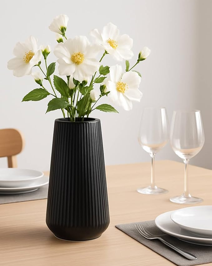 Black Ceramic Vase – Frosted Elegant Flower Vase for Pampas Grass, Dried or Fresh Flowers, Modern Minimalist Farmhouse Home Decor for Living Room, Dining Table, Wedding Centerpiece