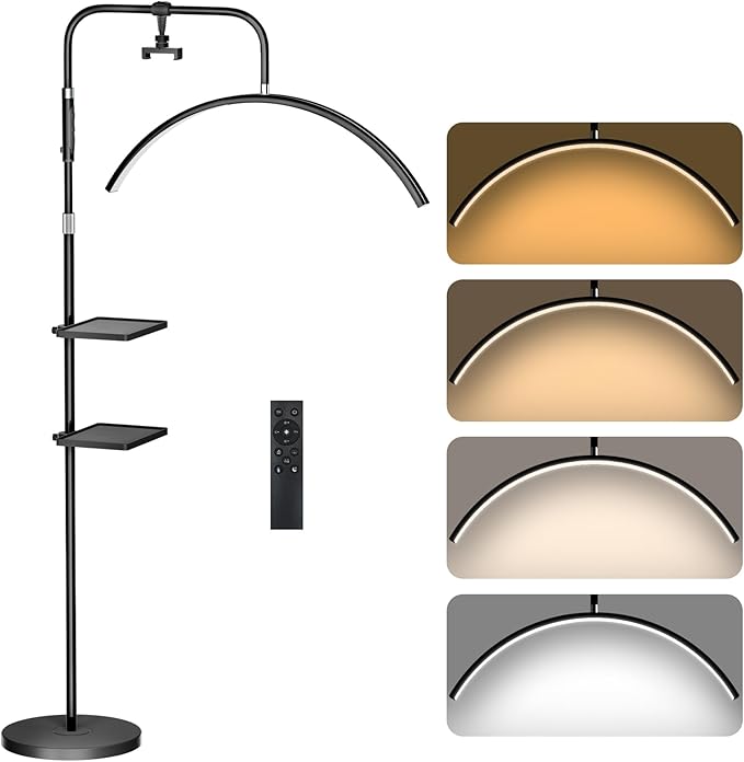 young master Half Moon Lash Light, 24W 1500LM Dimmable LED Floor Lamp with Adjustable Height for Lash Techs, Tattoo & Nail Artists, 4 Color Modes, Phone Holder & 2 Trays Included