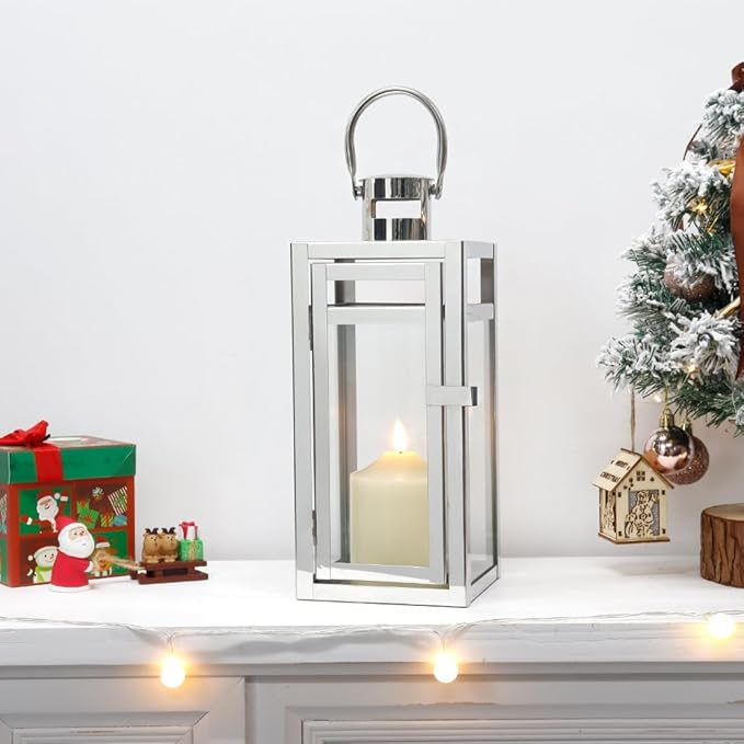 TRIROCKS Stainless Steel Decorative Lantern 12'' High Metal Hanging Lantern with Clear Glass Panels Perfect for Home Decor Living Room Parties Events Tabletop Indoors Outdoors (Silver)