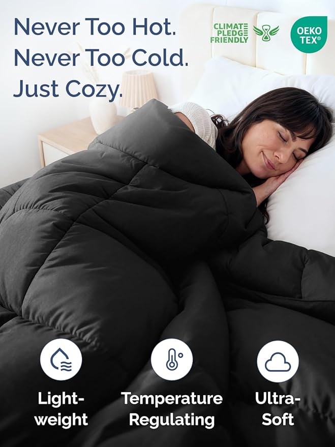 Twin Size, Black Alternative Down Comforter - Warm and Lightweight - Luxury and Breathable Hotel Quality Bedding Set - All Season Fluffy and Cozy Oversized Cooling Microfiber Duvet Insert Comforter