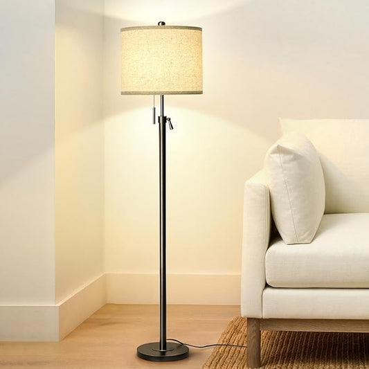 Qingmiao Adjustable Height Floor Lamp for Living Room, Black Standing Lamp for Bedroom Office, Modern Tall Lamp with Linen Shade, 3-Way Dimmable 8W 3000K LED Blub Included (Black)
