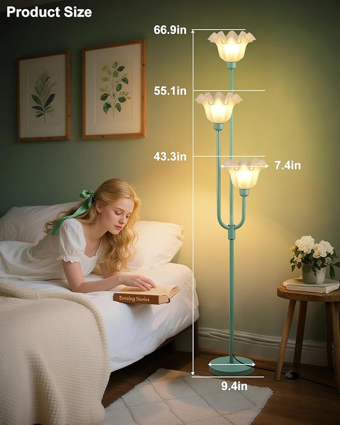 ACOHOOK Flower Floor Lamp for Living Room, Dimmable Vintage Floor Lamp with Shelf & LED Bulbs, 3 Light 3000K Soft Warmwhite Mid Century Gold Standing Lamp, Floral Tall Lamp for Bedroom Office-Green