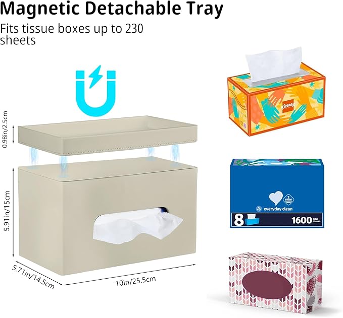 PU Leather Tissue Box Cover Rectangle with Detachable Storage Tray,Fits 230-Count Box Tall Rectangular,Modern Decorative Tissue Box Holder/Organizer for Bathroom,Bedroom Dresser,Night Stand