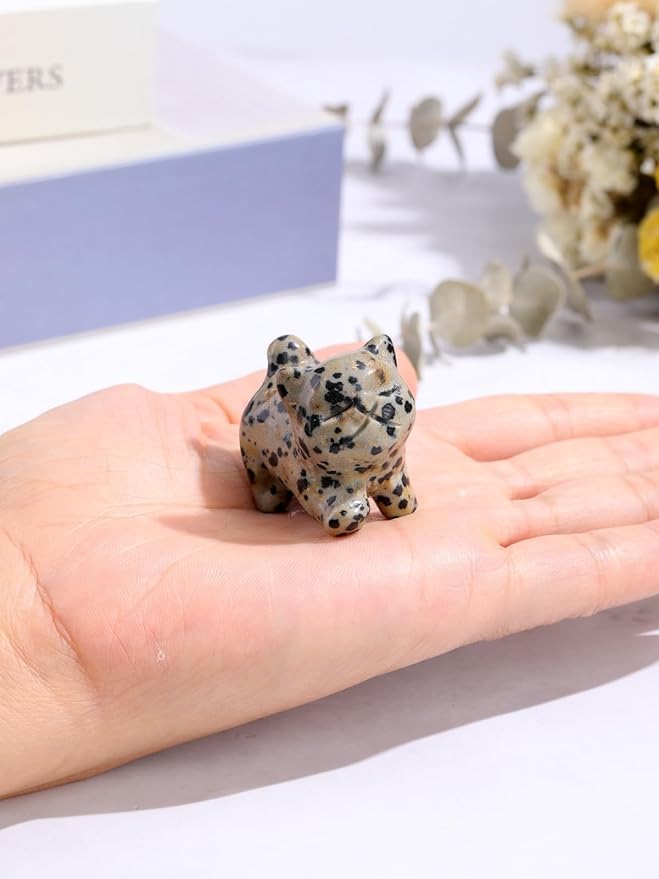 Jovivi Natural Dalmation Spot Jasper Crystal Cat Statue Home Decor Carved Gemstone Cats Figurine Collectibles Pocket Sculpture Pet Memorial Decorative Ornament Gift for Cat Lovers