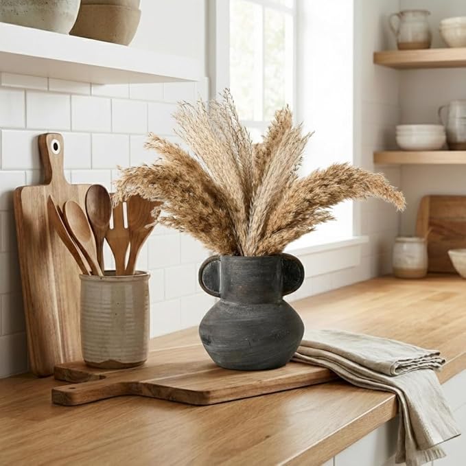 Emotionally Grounded Vase, Vaseking Ceramic Rustic Vase with 2 Handles, 6.1 inch Minimalist Decorative Farmhouse Vases for Home Decor, Living Room, Enterway, Table Decoration, Black Bronze