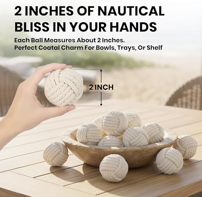 Set of 6 Cotton Rope Balls – Decorative Nautical Accents – for Vase Fillers, DIY Crafts, Rustic Living Room Decor – Handmade Knot Ornaments for Tray Styling, Coastal Display, or Housewarming Gift