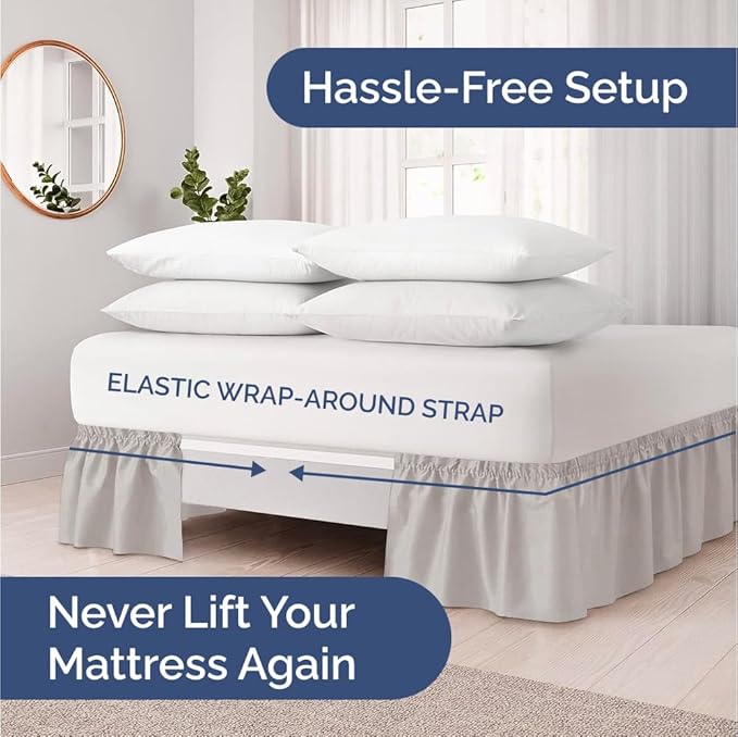 Wrap Around Dust Ruffle Bed Skirt - Light Grey - for Queen Size Beds with 24 Inch Drop - Elastic Strap - Adjustable Pleated Bedskirt with Brushed Fabric and Wrinkle Free - For Women, Men, Kids & Teens