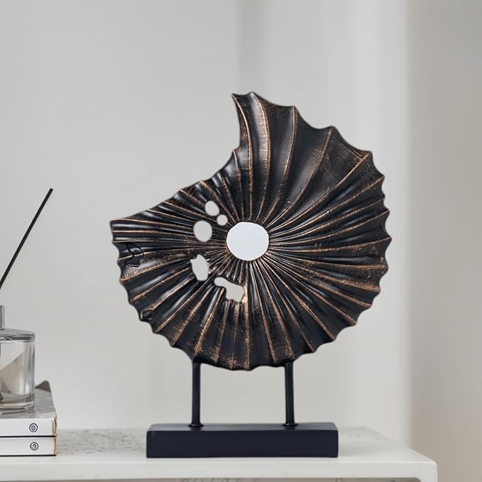 Unique Round Coin Sculpture Decorative Objects for Shelf Home Decor Accents, Modern Abstract Tabletop Decor Items for Living Room Fireplace Mantel, Above Cabinet (Black L)