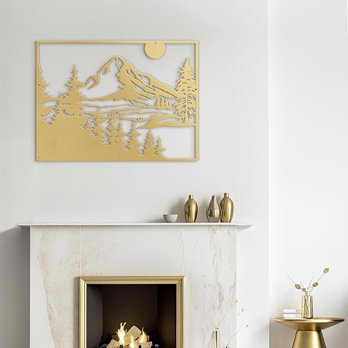 SIGNLEADER Metal Wall Art Decor Mountain Range and Pine Minimalist Modern Abstract Wall Sculpture Hangings Home Decoration for Living Room, Bedroom, Bathroom, Kitchen, Outdoor - 18" Gold